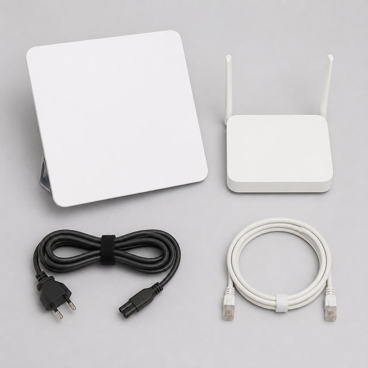Complete Mini Kit: satellite terminal, Wi-Fi router, power cable and Ethernet cable